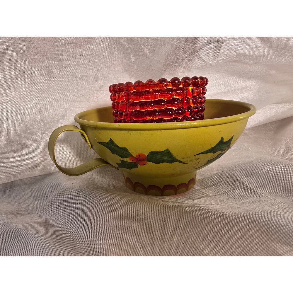Vintage Candle Holder - Hand-painted Christmas Cup Red Glass Hobnail Pattern